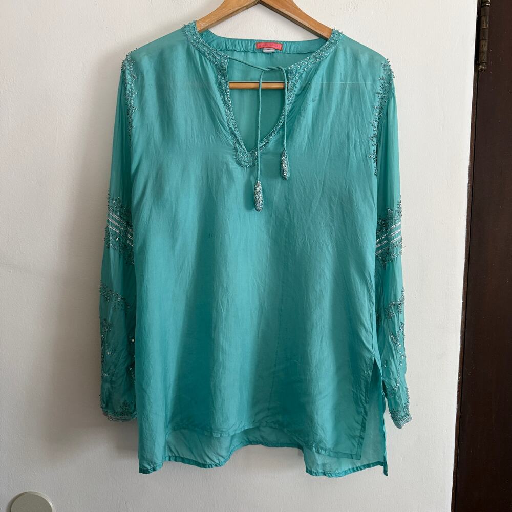 Glam Souls | 100% Silk Turquoise Beaded Wide Sleeve Split Neck Tunic | Small
